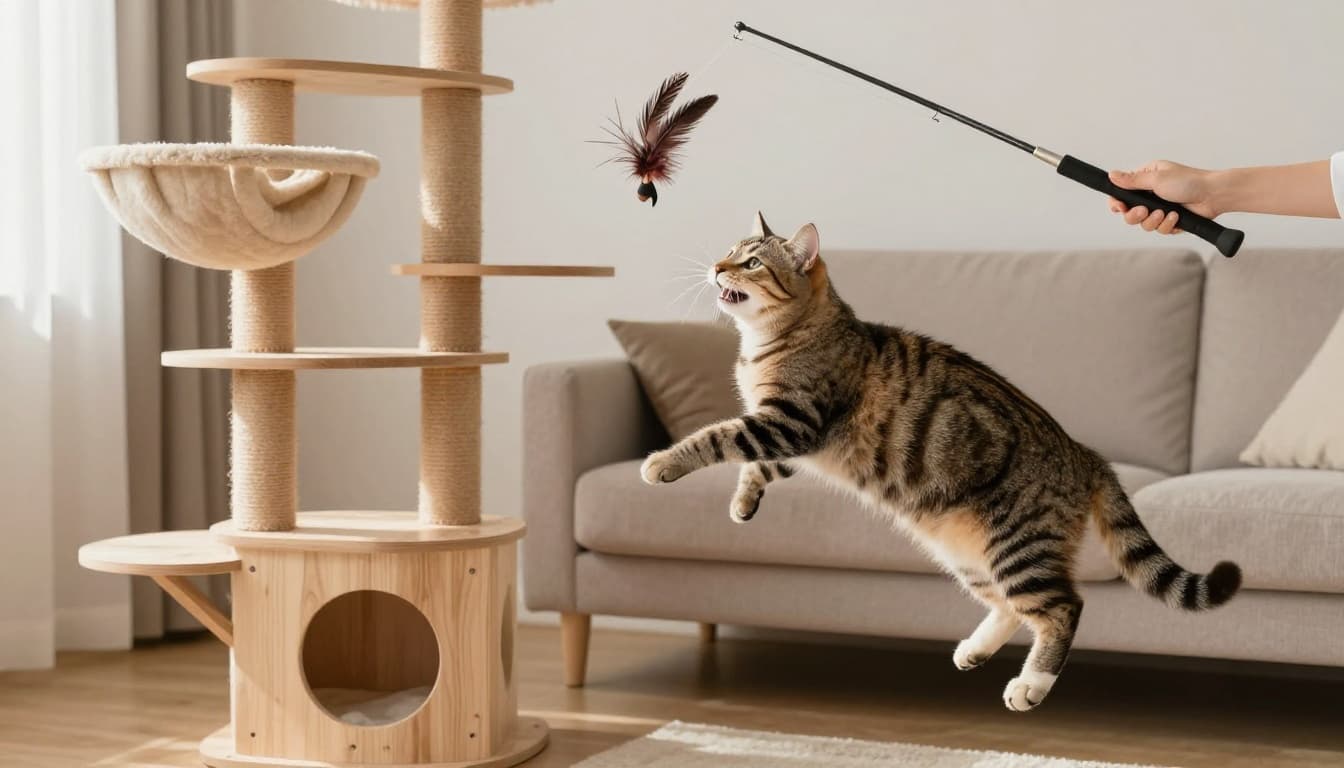 An energetic tabby cat joyfully pounces and bites a feather toy on a fishing rod in a sunny Scandinavian living room near a wooden cat tree.