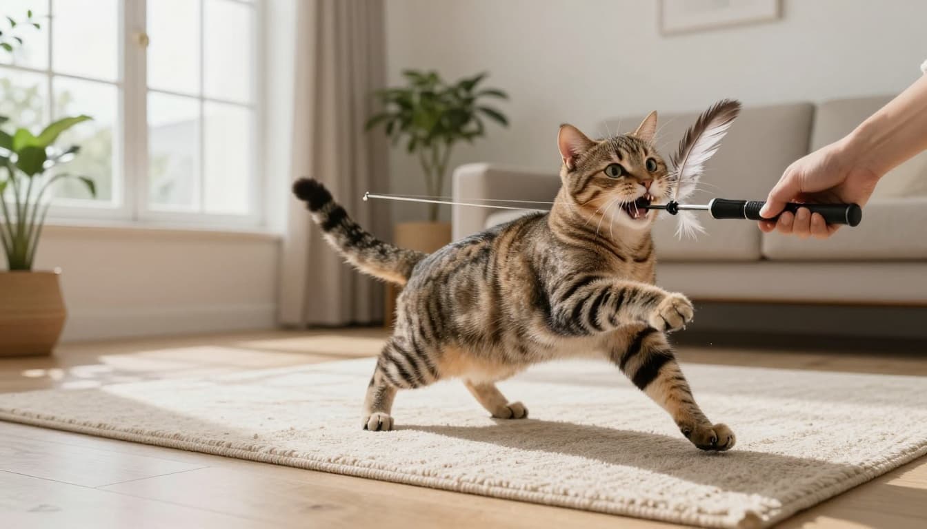 An energetic tabby cat in mid-pounce chases a feather toy on a fishing rod in a sunny Scandinavian living room with natural light.