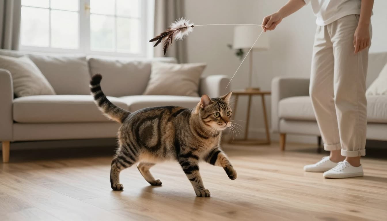 In a bright Scandinavian living room with minimalist neutral tones, soft natural light filtering through large windows, warm cozy atmosphere, light wood floors and furniture. A tabby cat energetically chases a feather toy on a string held loosely by its owner standing nearby, mid-pounce with focused eyes and arched back.