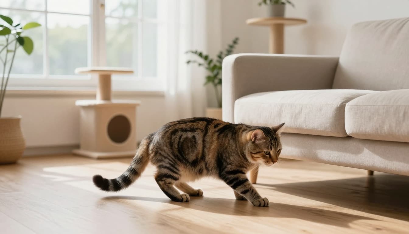 A female tabby cat in proestrus phase shows subtle agitation by rubbing against furniture in a bright Scandinavian minimalist living room with natural light and cozy decor.