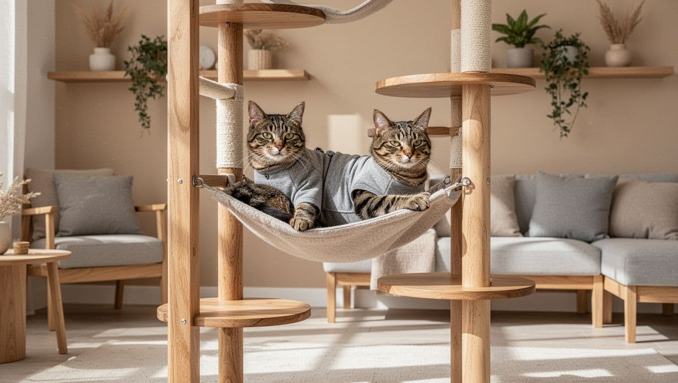 An adult female tabby cat wearing a soft fabric recovery body suit rests calmly on a premium wooden cat tree in a bright sunlit Scandinavian living room with minimalist decor.