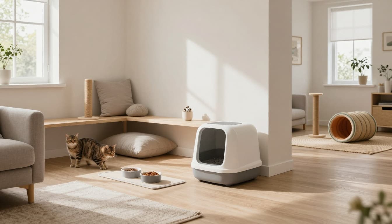 A tabby cat navigates five distinct zones in a bright 30m² modern Scandinavian living room: meal area, litter box, rest nook, window perch, and play area, all integrated into a minimalist cozy space.