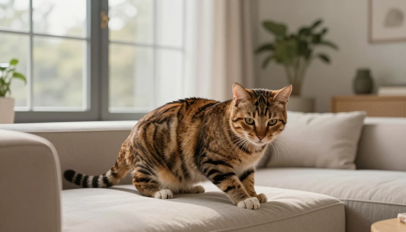 A relaxed tabby cat with subtle suspicious particles on its fur lightly scratches its back in a modern Scandinavian living room bathed in natural light from a large window. Clean environment features a beige fabric sofa, minimalist plants, warm neutral tones, and a calm, cozy premium lifestyle atmosphere.