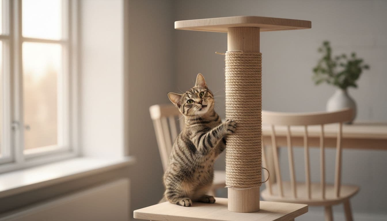 In a luminous minimalist Scandinavian interior with light wood furniture and soft neutral tones, a tabby cat joyfully scratches a freshly repaired scratching post wrapped in tight new natural beige sisal rope, under warm natural light.