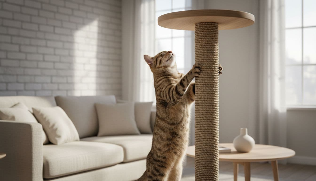 A muscular tabby cat stretches fully while scratching a tall sisal-covered pillar on a wooden cat tree in a bright, minimalist Scandinavian living room with neutral tones and cozy atmosphere.