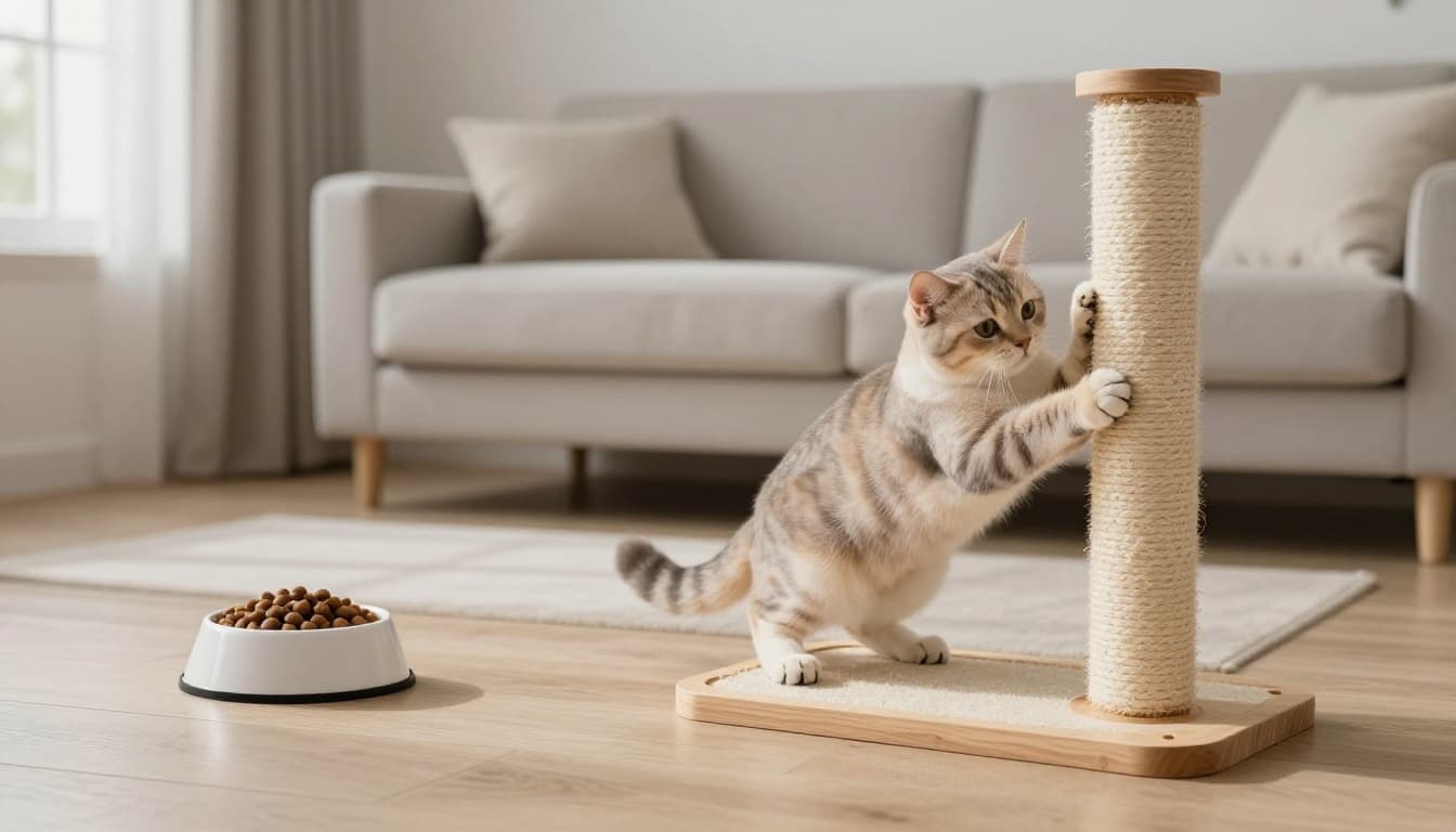 A light tabby domestic cat scratches a stable solid wood post vigorously next to its undisturbed food bowl on a light oak floor in an elegant Scandinavian living room with bright natural light and minimalist neutral decor.