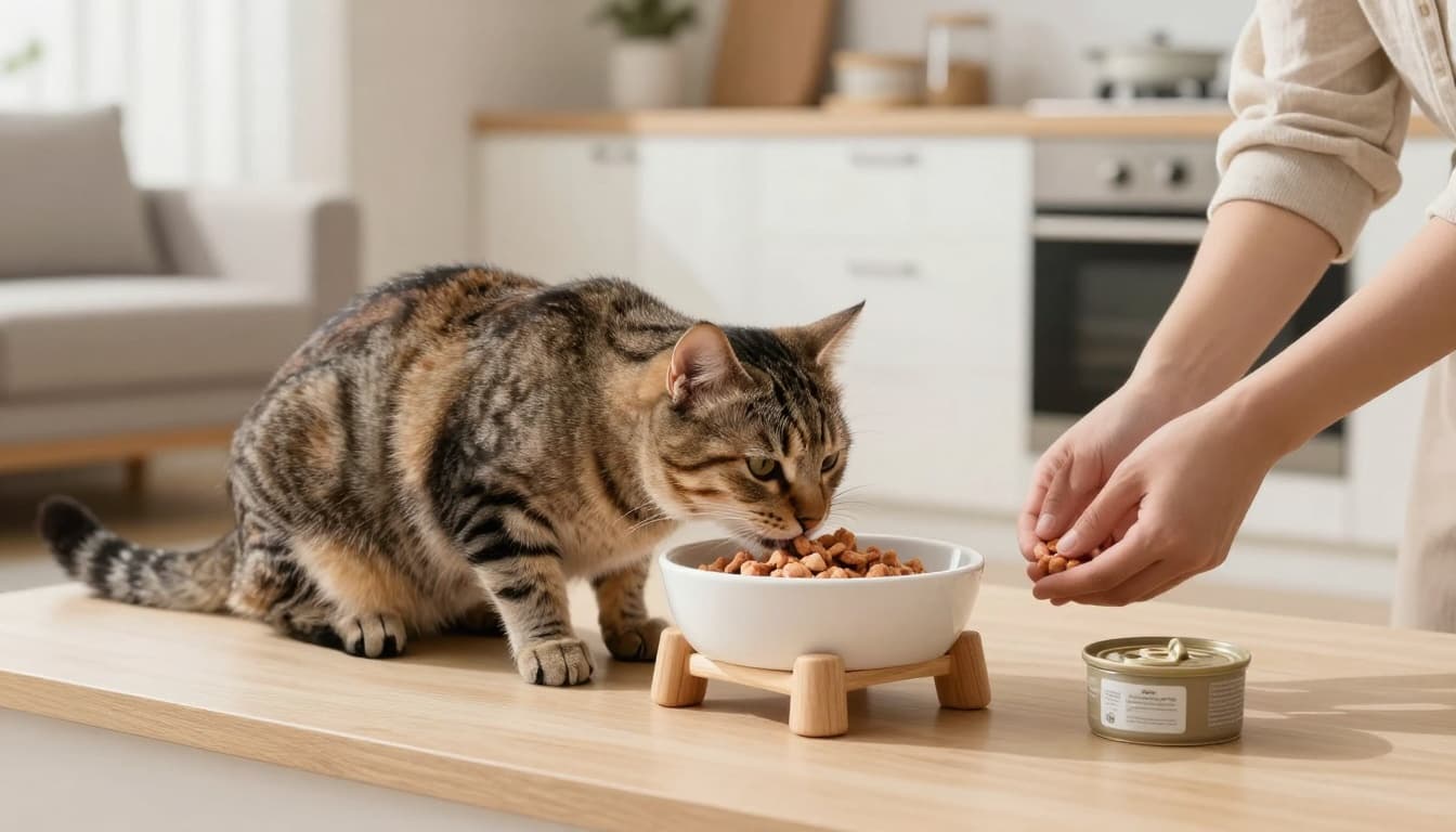 A serene tabby cat dines from a wide, shallow food bowl gently warmed on a light wood stand in a modern Scandinavian kitchen-living space, with the owner preparing fresh wet food nearby.
