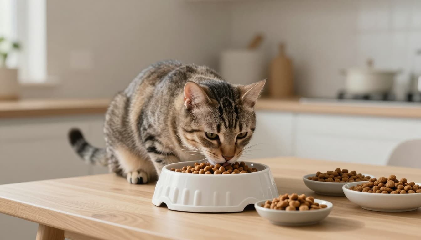 A calm tabby cat eats slowly from a slow-feeder anti-gulping bowl with ridges and obstacles on a light wooden table in a modern Scandinavian kitchen with bright natural light and minimalist neutral tones.