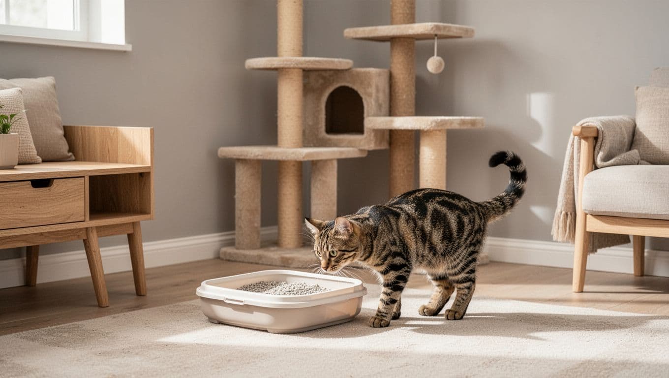 A single tabby cat in a cautious observing posture sniffs and inspects a new litter box in the corner near a premium solid wood cat tree in a bright minimalist Scandinavian living room. Natural daylight highlights light wood furniture, beige tones, soft grey walls, and cozy neutral decor with foreground focus on the alert cat.
