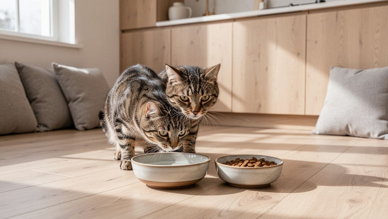 An adult tabby cat with a slightly concerned expression sniffs an empty shallow ceramic water bowl next to an empty food bowl on a light wood floor in a bright minimalist Scandinavian kitchen with natural daylight.