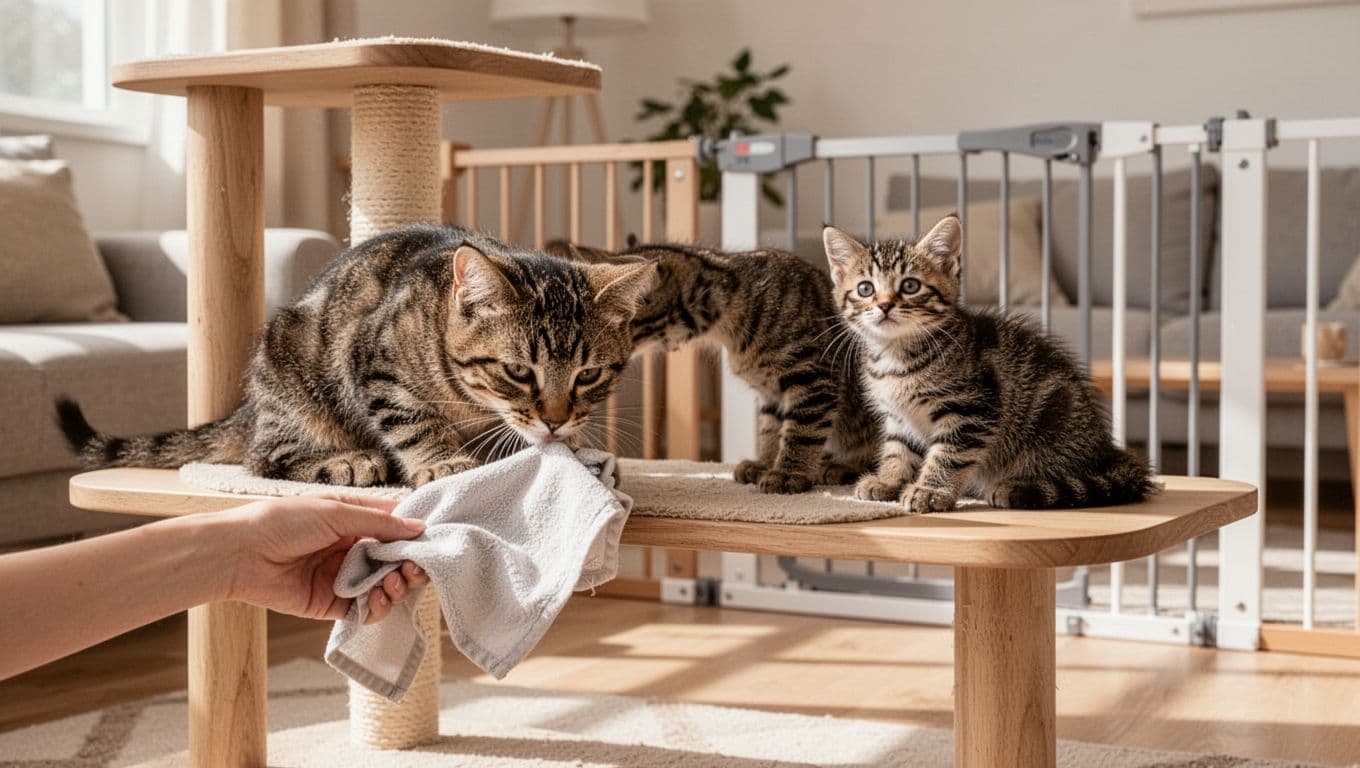 In a bright Scandinavian living room with minimalist decor, an adult tabby cat relaxes on a wooden cat tree, sniffing a cloth with kitten scent held by an invisible hand, while a kitten peeks curiously from behind a baby gate in the background.