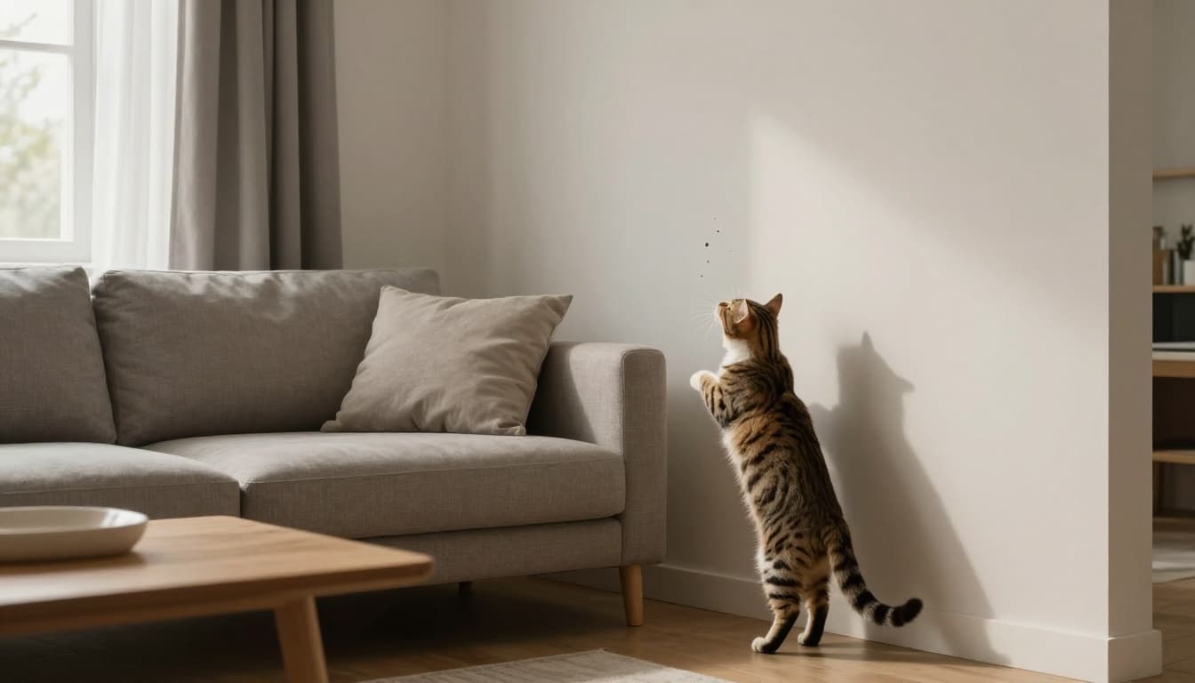 In a bright, minimalist Scandinavian living room with soft natural light, a tabby cat stands against a light wall, tail raised and quivering, projecting a small jet of urine high on the wall near a door or curtain. The premium cozy space features light wood furniture, a soft gray sofa, neutral tones, and natural shadows, captured in realistic high-quality lifestyle photography with focus on the cat's posture.