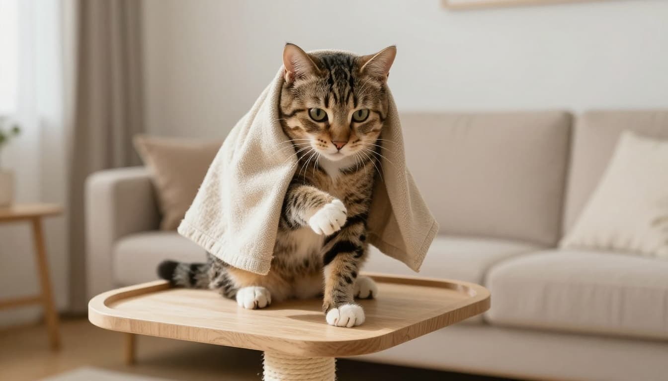 A tabby cat lightly struggles with heavy fabric blocking its head and chest on a wooden cat tree platform in a minimalist Scandinavian living room. Natural daylight creates a warm, cozy atmosphere with focus on the cat's paws gently trying to free itself.