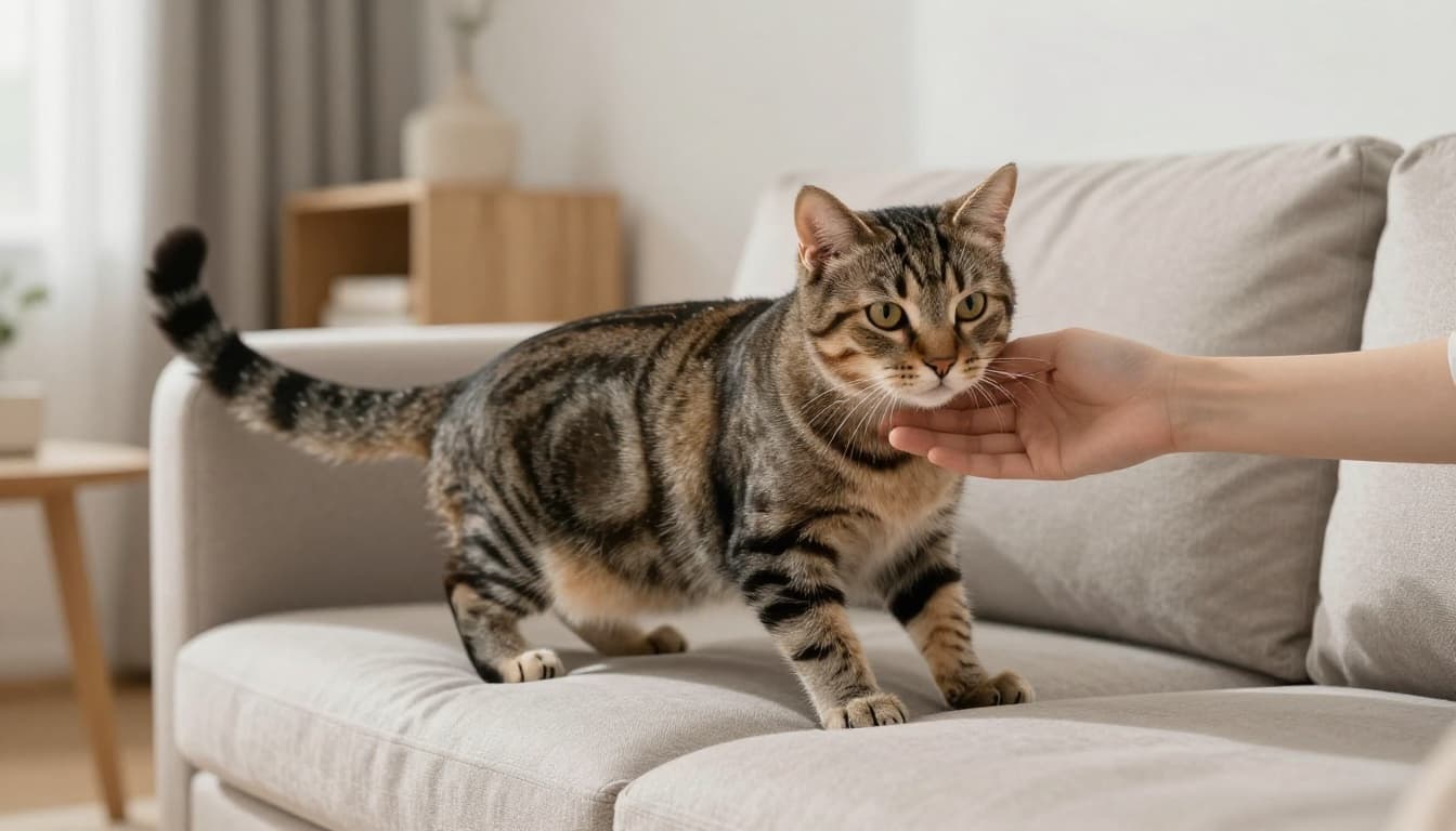 In a bright Scandinavian living room with minimalist decor and neutral tones, a tabby cat on a cozy sofa shows subtle warning signals like tail flicking and ears turning back during petting, capturing a tense yet cozy mood.