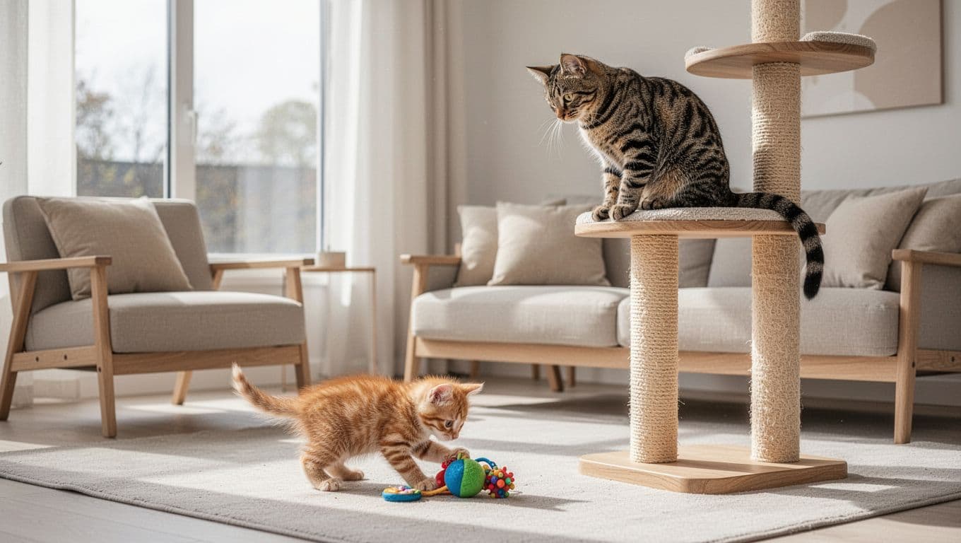 Premium lifestyle photography in a bright Scandinavian interior with minimalist light wood furniture and neutral tones. Adult tabby cat on wooden cat tree perch curiously watches playful ginger kitten exploring toys on the floor, one meter apart in cozy modern living room.