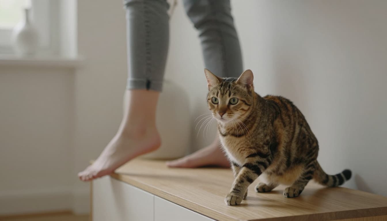 A tabby domestic cat intently watches moving human legs in a narrow hallway of a minimalist Scandinavian apartment, crouched behind low light wood furniture with dilated pupils and twitching tail, ready to pounce. Soft natural light filters through a window, creating a calm and cozy atmosphere with neutral tones.