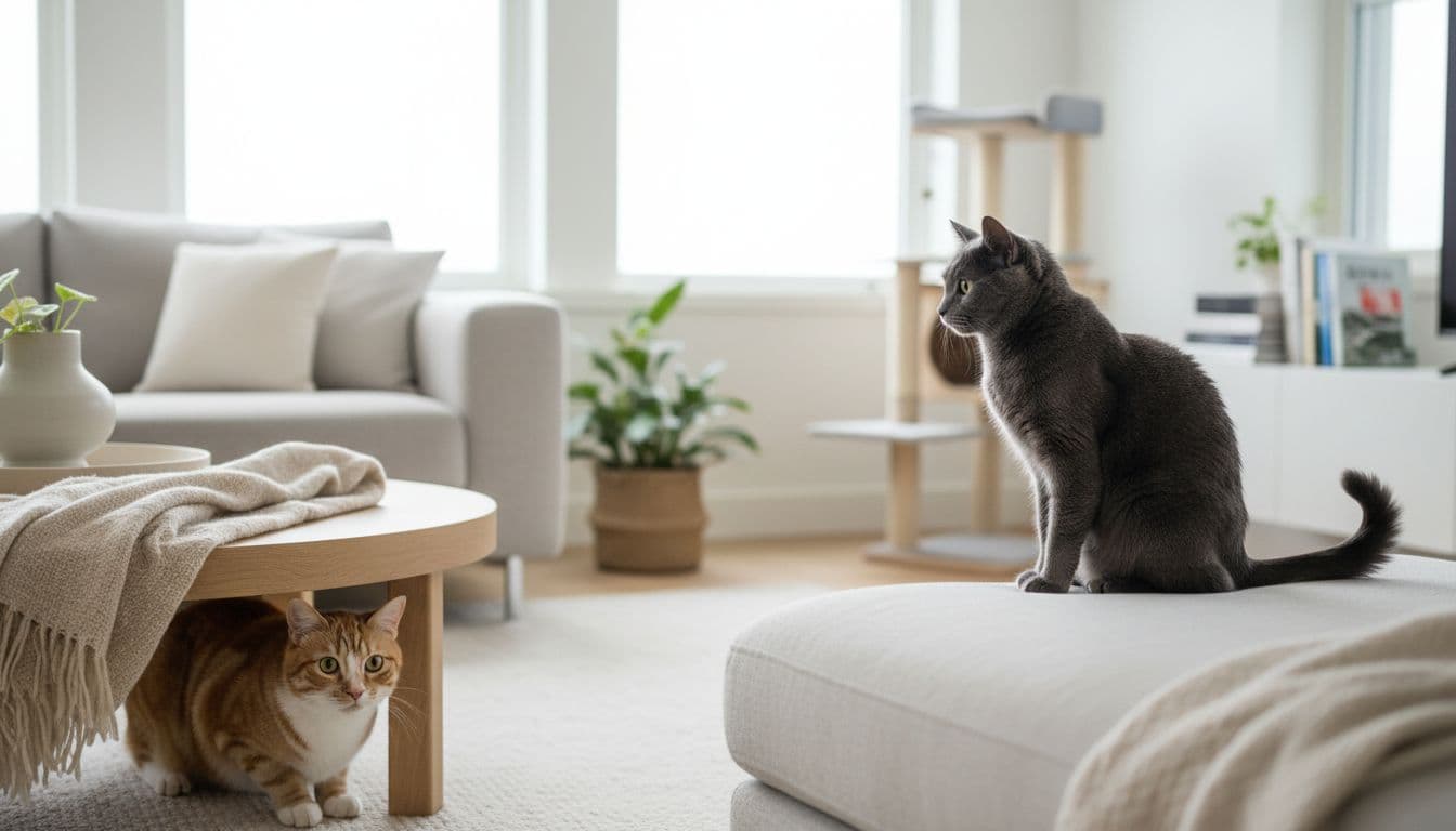 In a bright modern Scandinavian living room, a tabby cat hides cautiously under a low table while a gray cat watches tensely from a cat tree platform, depicting stress signals in multi-cat households.