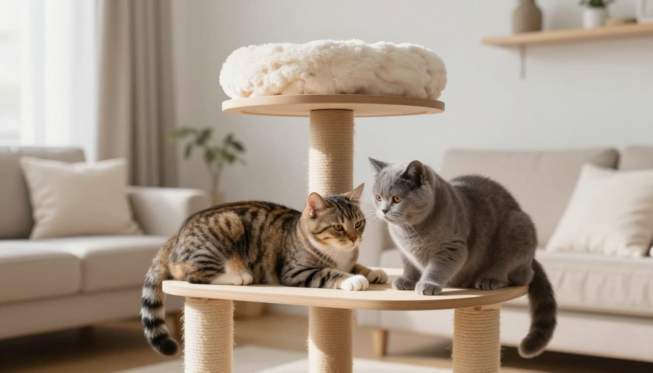 A relaxed tabby and soft grey shorthair cat share a solid wood cat tree peacefully in a bright Scandinavian living room with natural daylight and minimalist decor.