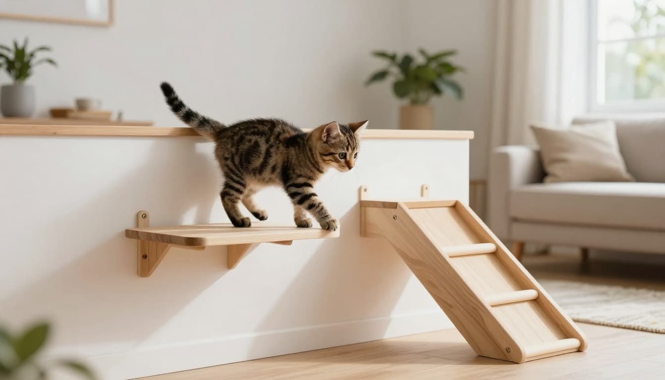 A curious young tabby kitten safely climbs secured low wall shelves with soft platforms in a bright modern Scandinavian apartment living room, featuring minimalist decor and natural daylight.