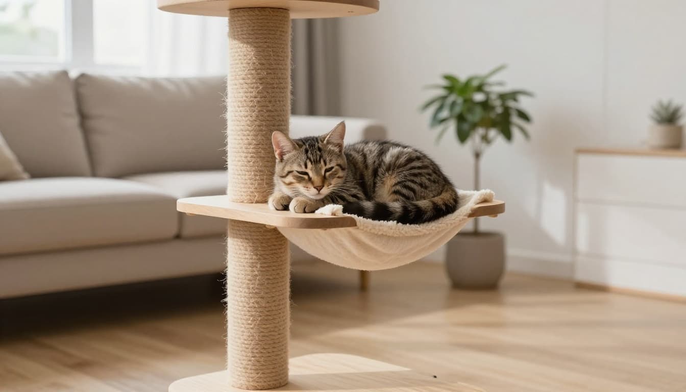 A young tabby kitten rests peacefully on a premium solid wooden cat tree with hammock in a bright, minimalist Scandinavian living room filled with natural light and cozy neutral tones.