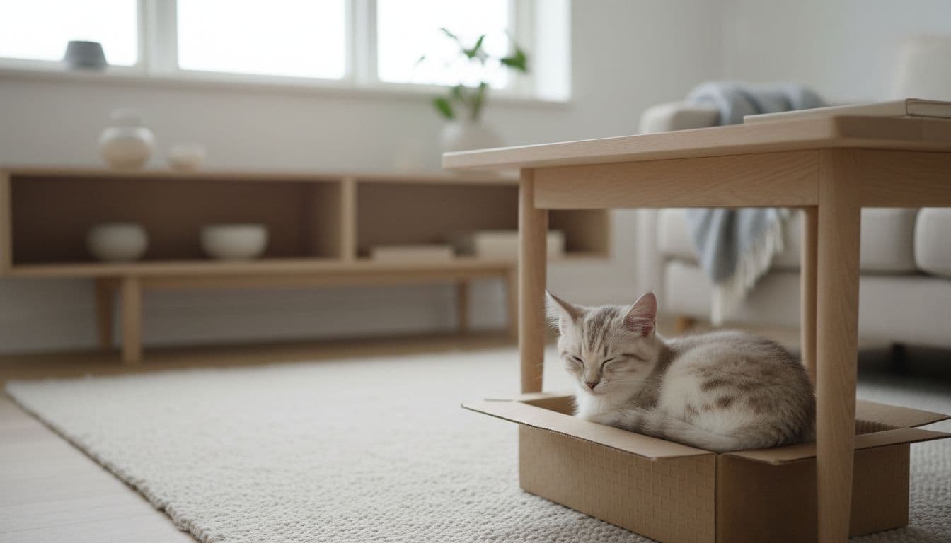 Premium lifestyle photo of a cautious tabby kitten sleeping lightly in hiding spots like a box under a table and a low shelf, in a bright minimalist Scandinavian living room with natural light and cozy beige-gray tones.