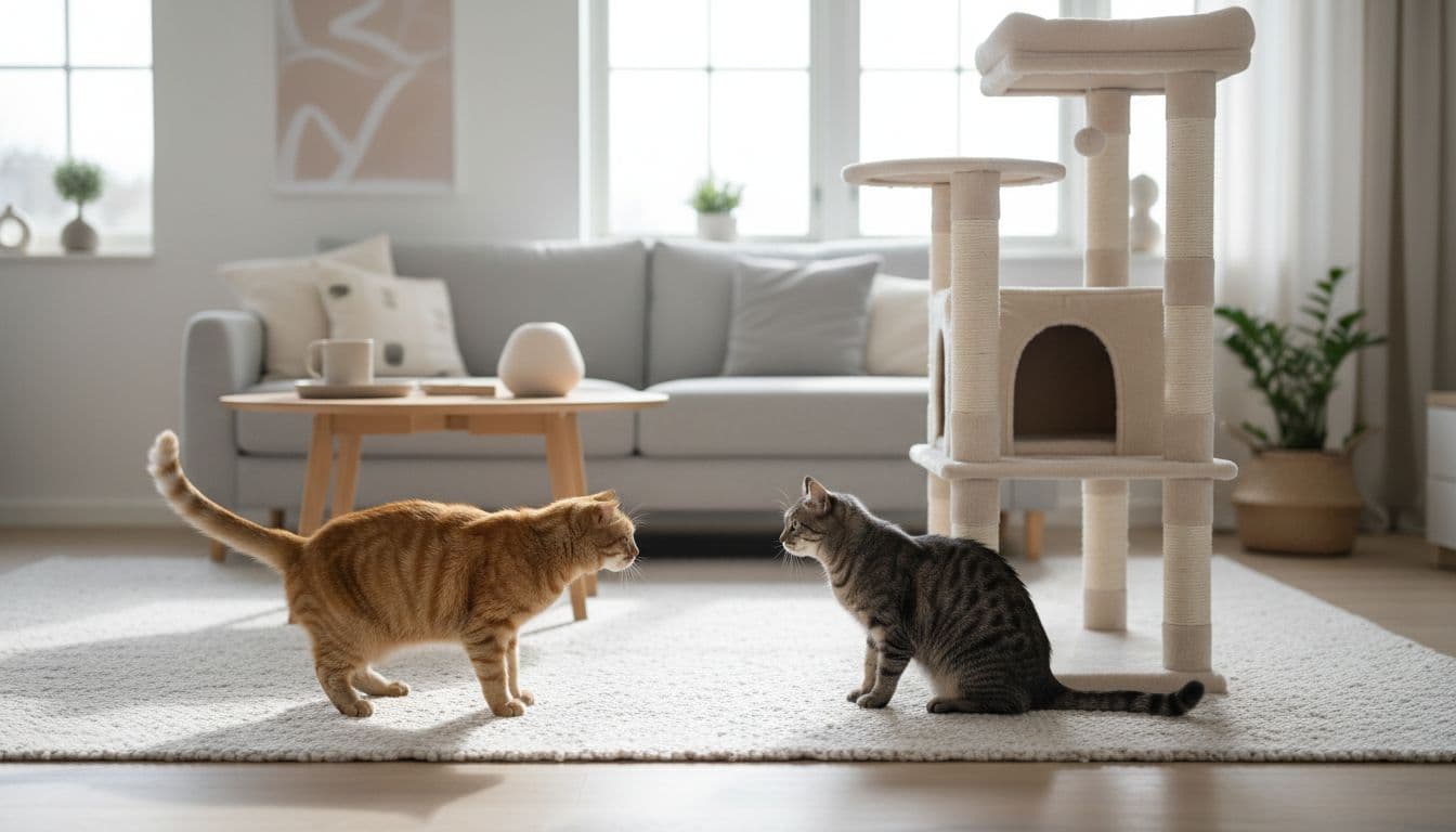 In a bright modern Scandinavian living room with minimalist decor, a ginger cat with flattened ears and flicking tail faces a stiff-postured gray tabby cat across a wool rug near a cat tree, capturing pre-fight stress.