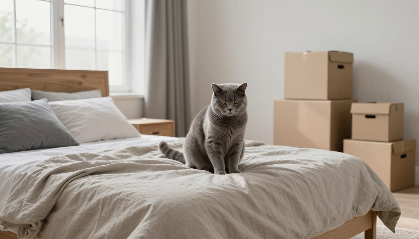 In a bright Scandinavian bedroom with minimalist decor, a fluffy grey cat sits tensely on the bed with ears back and tail twitching, staring at moving boxes and new furniture, evoking unease from changes.