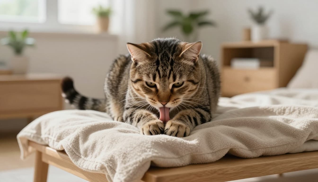 A stressed tabby cat kneads rapidly on a thick beige blanket in a bright Scandinavian living room with minimalist decor and natural light.