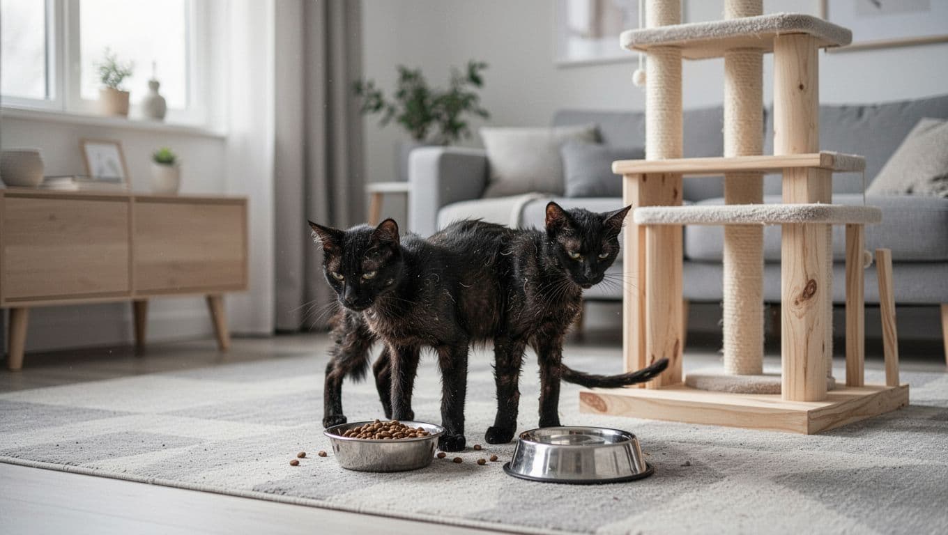 A single adult black cat with slightly dull fur and thin appearance stands near its food bowl in a light-filled Scandinavian living room with neutral tones of soft grey and light wood, cozy minimalist setup including a wooden cat tree, relaxed but weary pose suggesting intermittent symptoms.