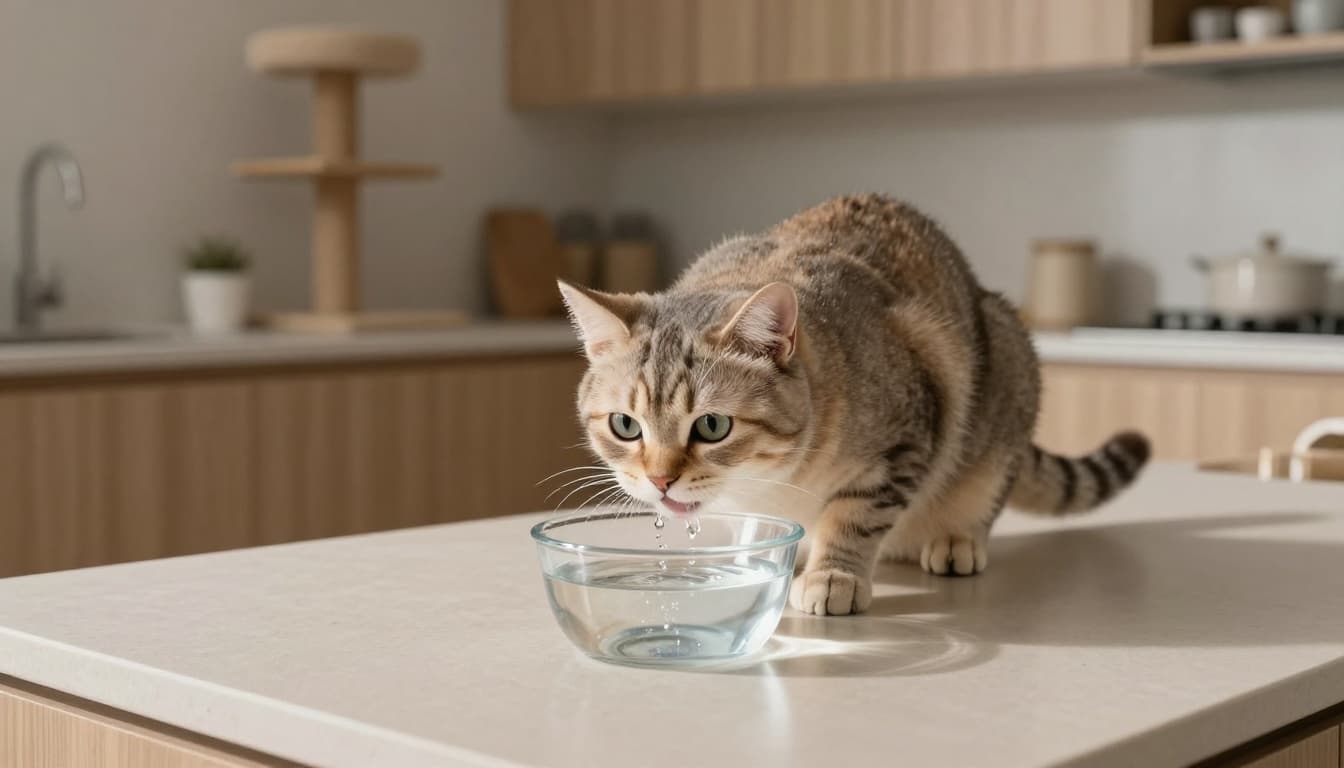 A thin domestic shorthair cat with wide eyes drinks excessively from a fresh water bowl in a bright modern Scandinavian kitchen bathed in early morning light. The scene features minimalist light wood cabinets, beige countertops, and an elegant cat tree in the background, capturing the cat's thirst and agitation in premium lifestyle photography.