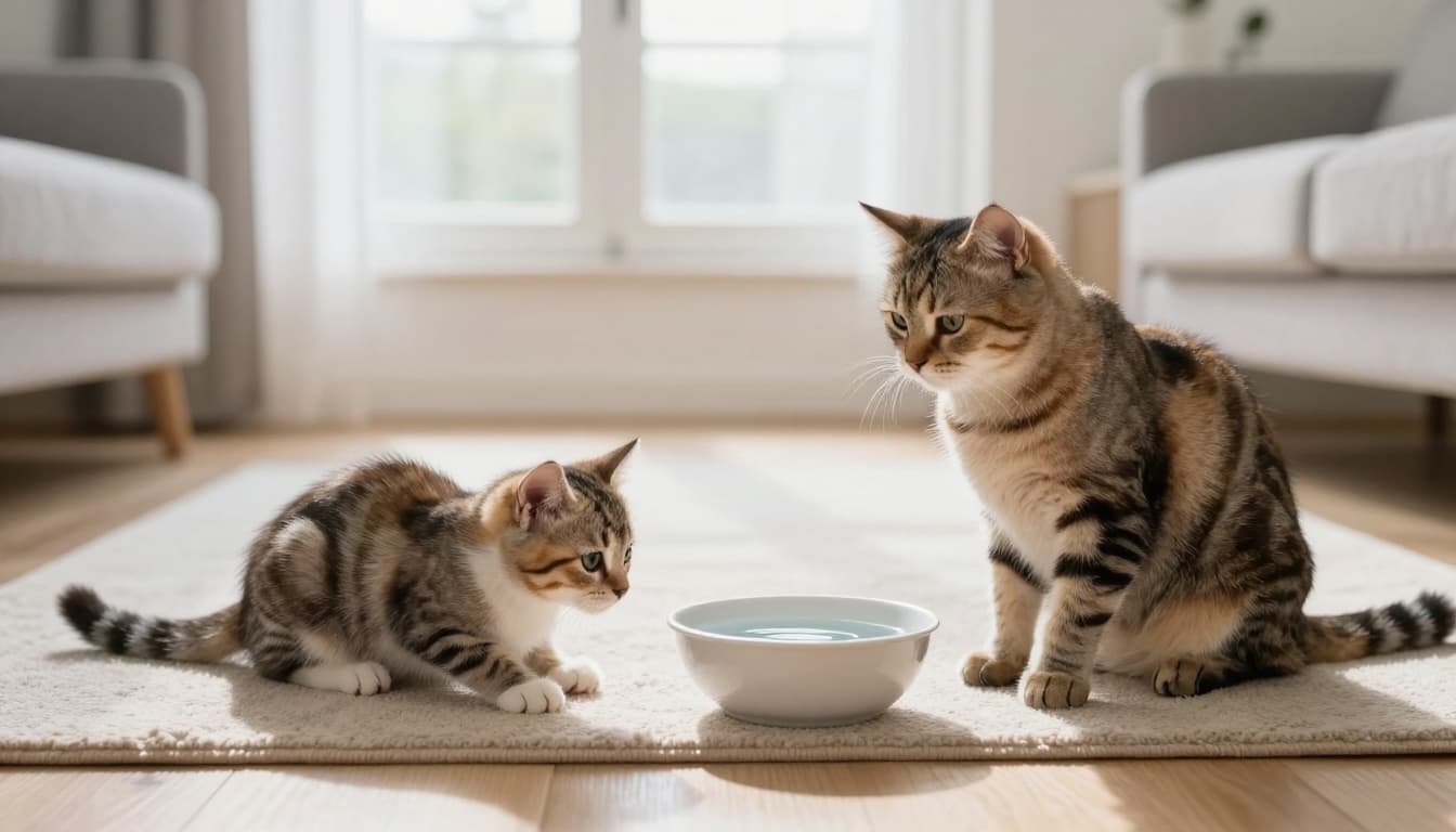 A young kitten and senior cat sit alert near shallow water bowls on a beige rug in a bright, minimalist Scandinavian living room.