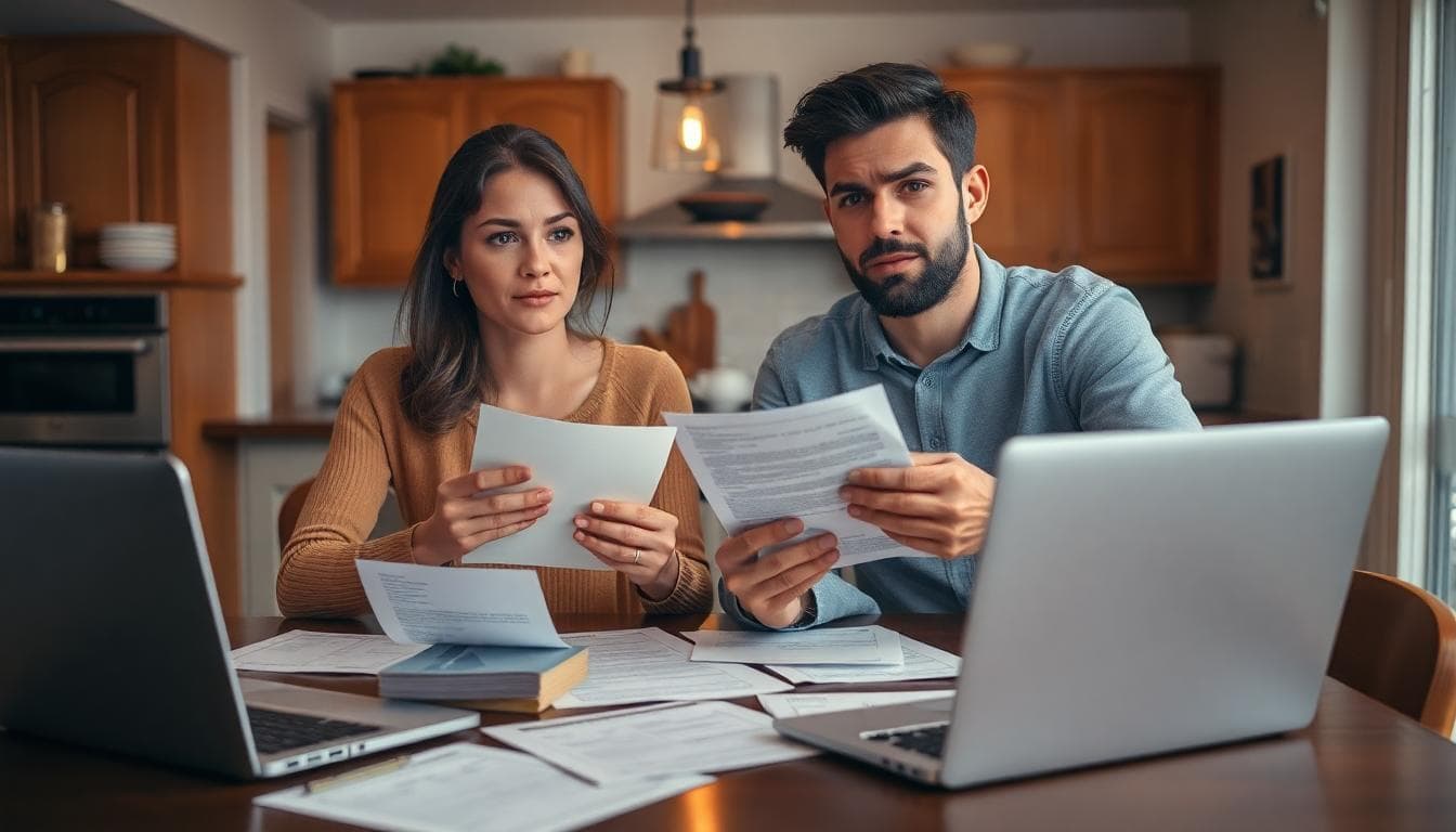 Jeunes fiancés discutant finances et documents juridiques autour d’une table de cuisine, ambiance douce et chaleureuse