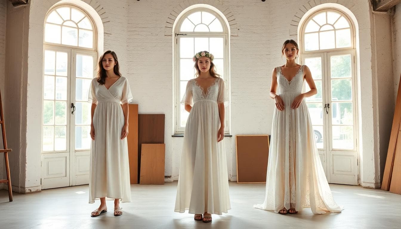 Trois looks de robes de mariée bohème chic dans un atelier lumineux, du plus accessible au premium