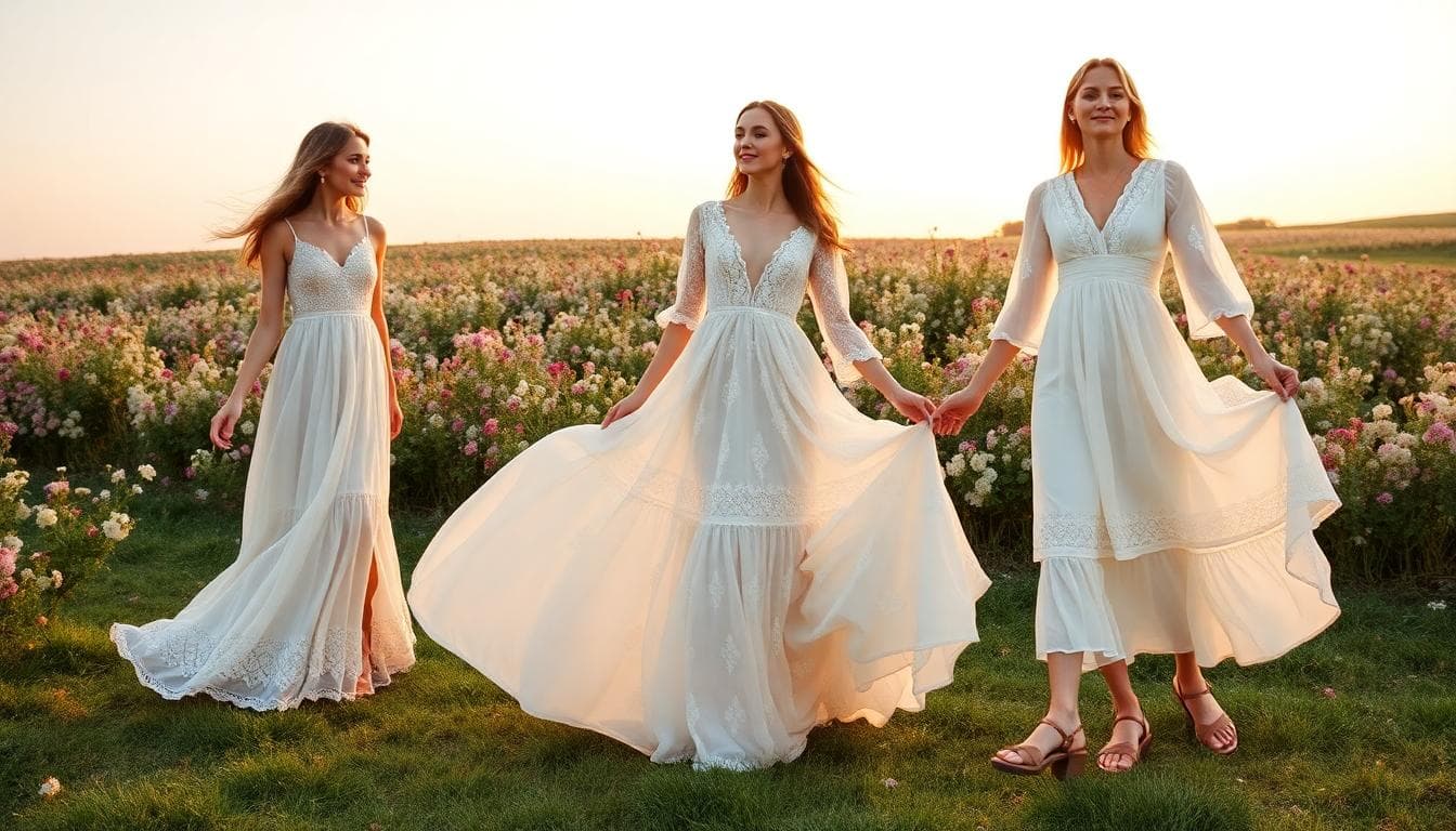 Trois longueurs de robes bohèmes comparées dans un champ: traînant au sol, cheville, et midi rétro