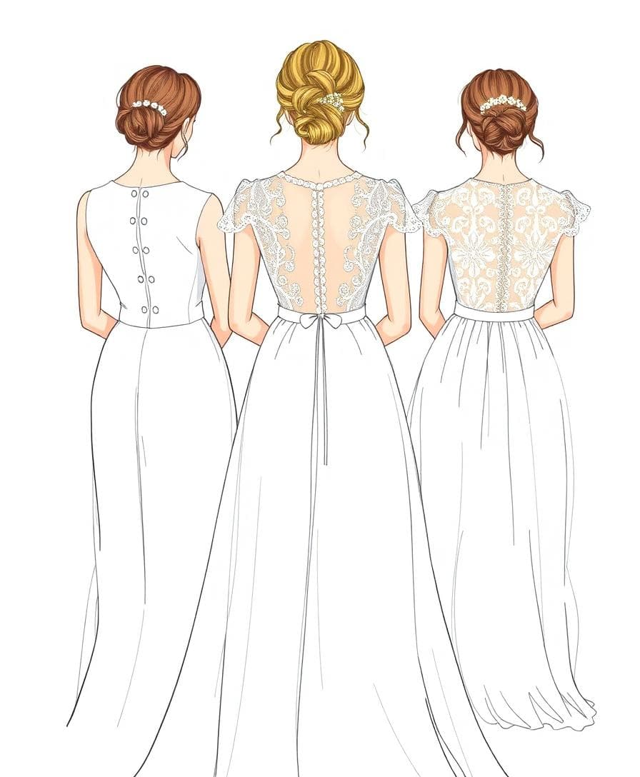 Illustration des trois styles de bustle sur une robe de mariée bohème, vue de dos. Image created with AI
