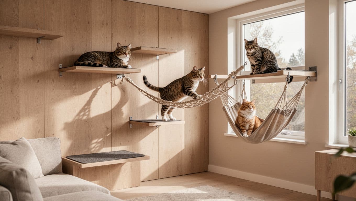 Premium lifestyle photo of exactly three cats on connected vertical amenities including floating shelf, rope walkway, and hammock perch in a bright minimalist Scandinavian living room with light wood and beige tones.