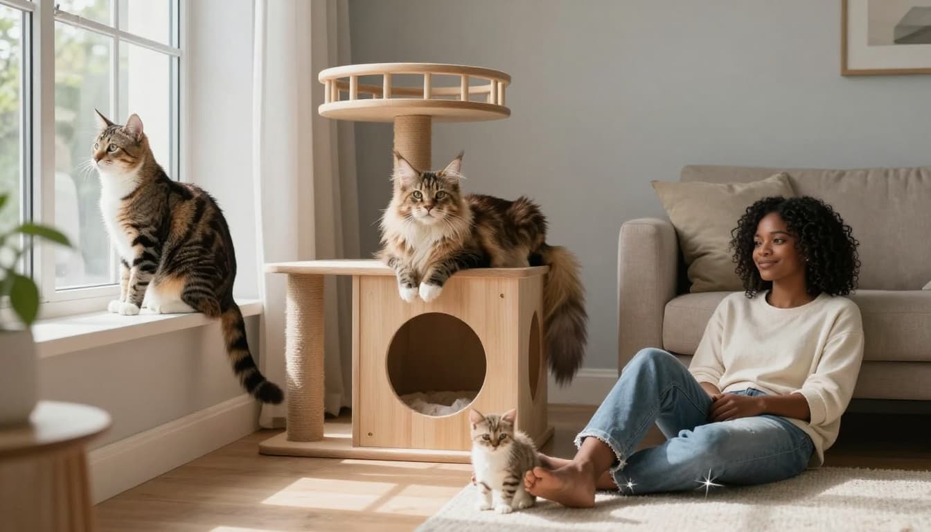 In a luminous modern Scandinavian living room with minimalist neutral decor, three cats feature prominently: a curious outdoor cat on the windowsill, an elegant Maine Coon on a wooden cat tree, and a playful kitten on the floor near a relaxed owner, evoking a cozy premium lifestyle.