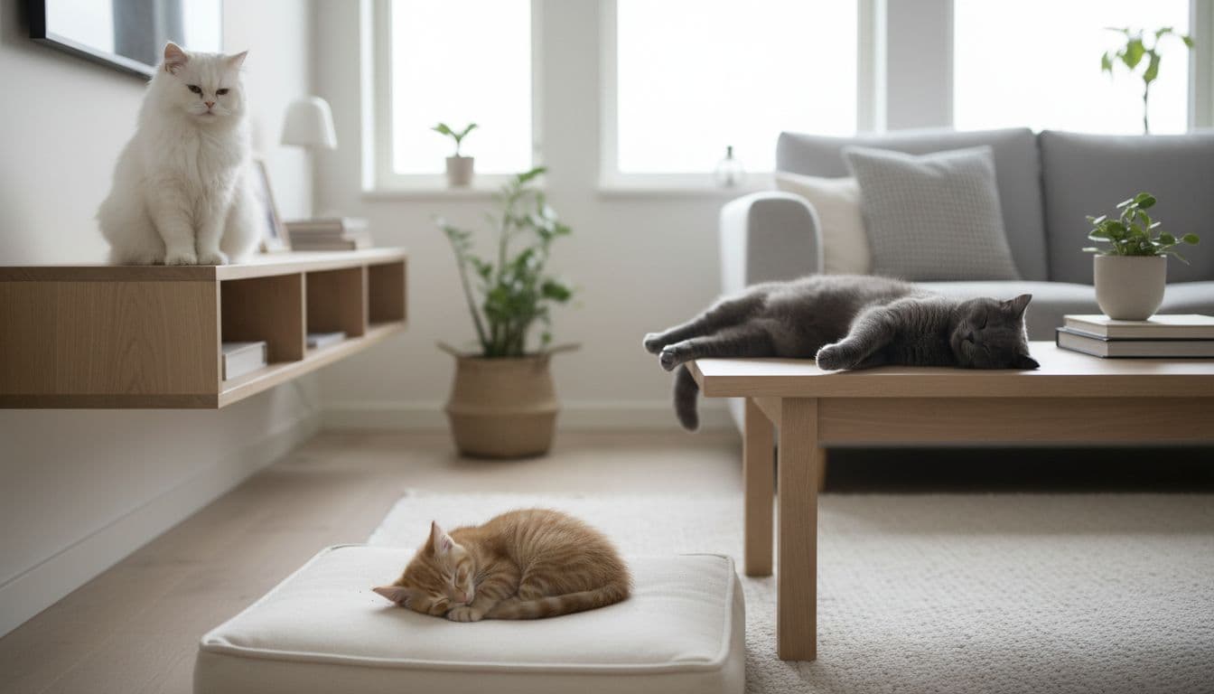 In a modern Scandinavian living room with neutral tones of beige, light wood, and soft gray, bathed in natural light, a cute kitten sleeps curled on a fluffy cushion, an adult cat lounges on low wooden furniture, and a senior cat sits peacefully on a high shelf.