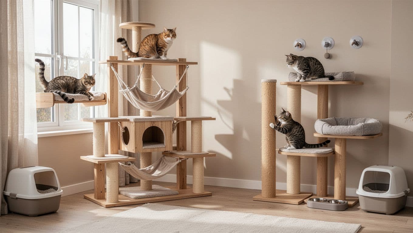 Premium lifestyle photography of a bright, minimalist Scandinavian living room with neutral tones, featuring exactly three cats enjoying a stable wooden cat tree, window perch, and sisal scratching post amid discreet pet amenities.