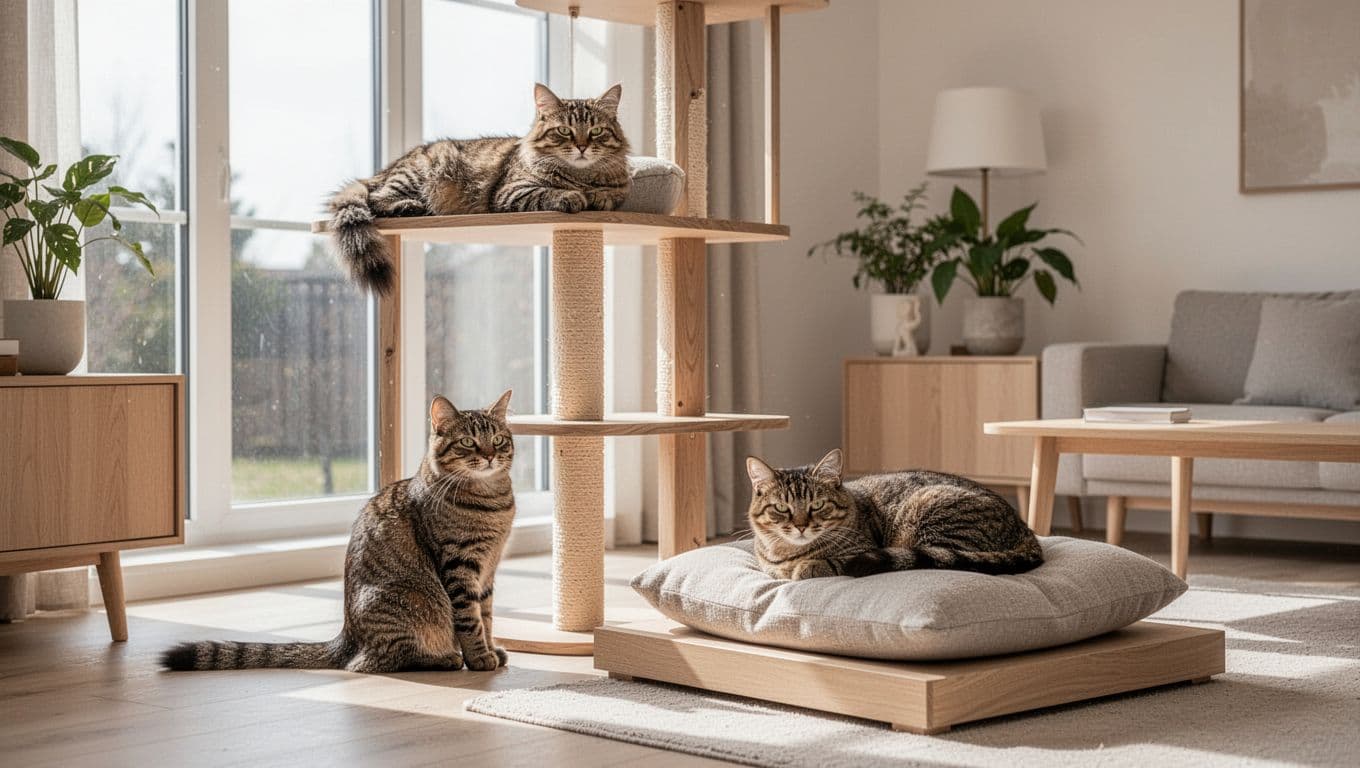 Premium lifestyle photo featuring exactly three cats in a bright, minimalist Scandinavian living room with neutral tones and natural light. One cat lounges on a wooden shelf, one sits by the window, and one rests on a plush beige cushion amid elegant light wood furniture.