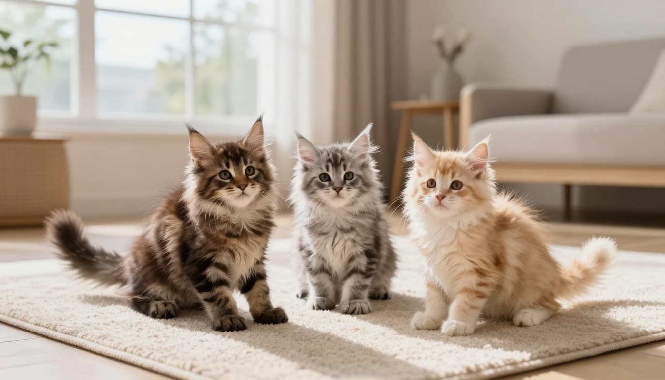 Three adorable Maine Coon kittens—a brown tabby, silver shaded, and cream tabby—play together on a soft beige rug in a bright Scandinavian living room with natural light and minimalist decor.