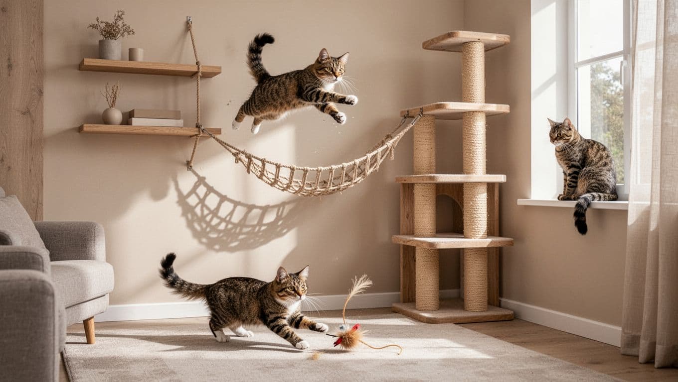Premium lifestyle photo of three active cats in a bright, minimalist Scandinavian interior with neutral tones and natural light. One cat leaps from a high shelf, another chases a toy near a wooden cat tree, and the third perches on a window sill.