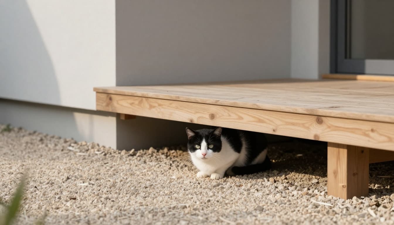 A timid black and white cat hides cautiously under a wooden terrace deck in a minimalist Scandinavian garden next to a modern house.