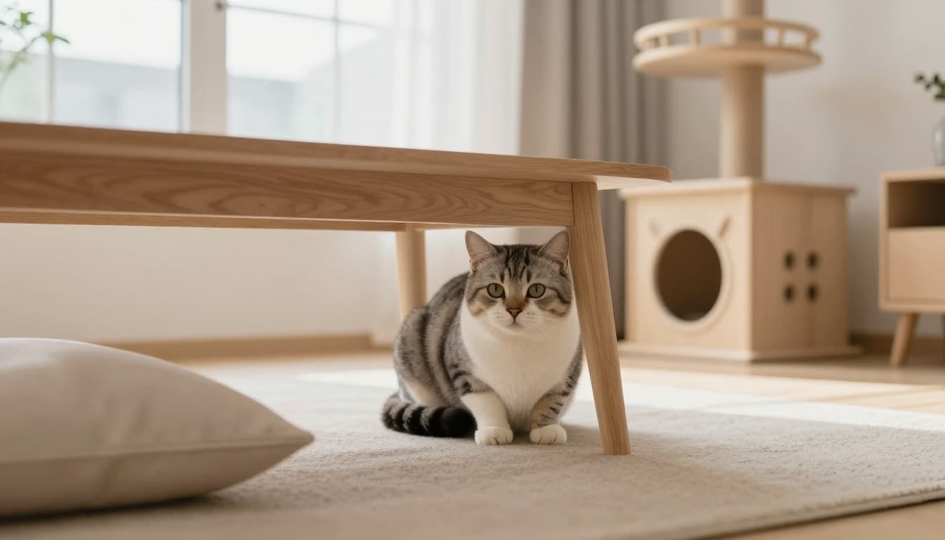 A timid adult cat hides cautiously under a light wooden table in a bright minimalist Scandinavian living room, peeking out with alert eyes amid neutral tones and natural light.