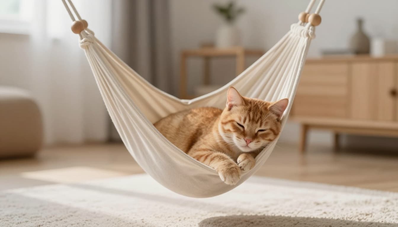 A tiny ginger kitten sleeps peacefully on a hammock hanging from a stylish light wood cat tree in a bright Scandinavian bedroom with abundant natural light and minimalist cozy decor.