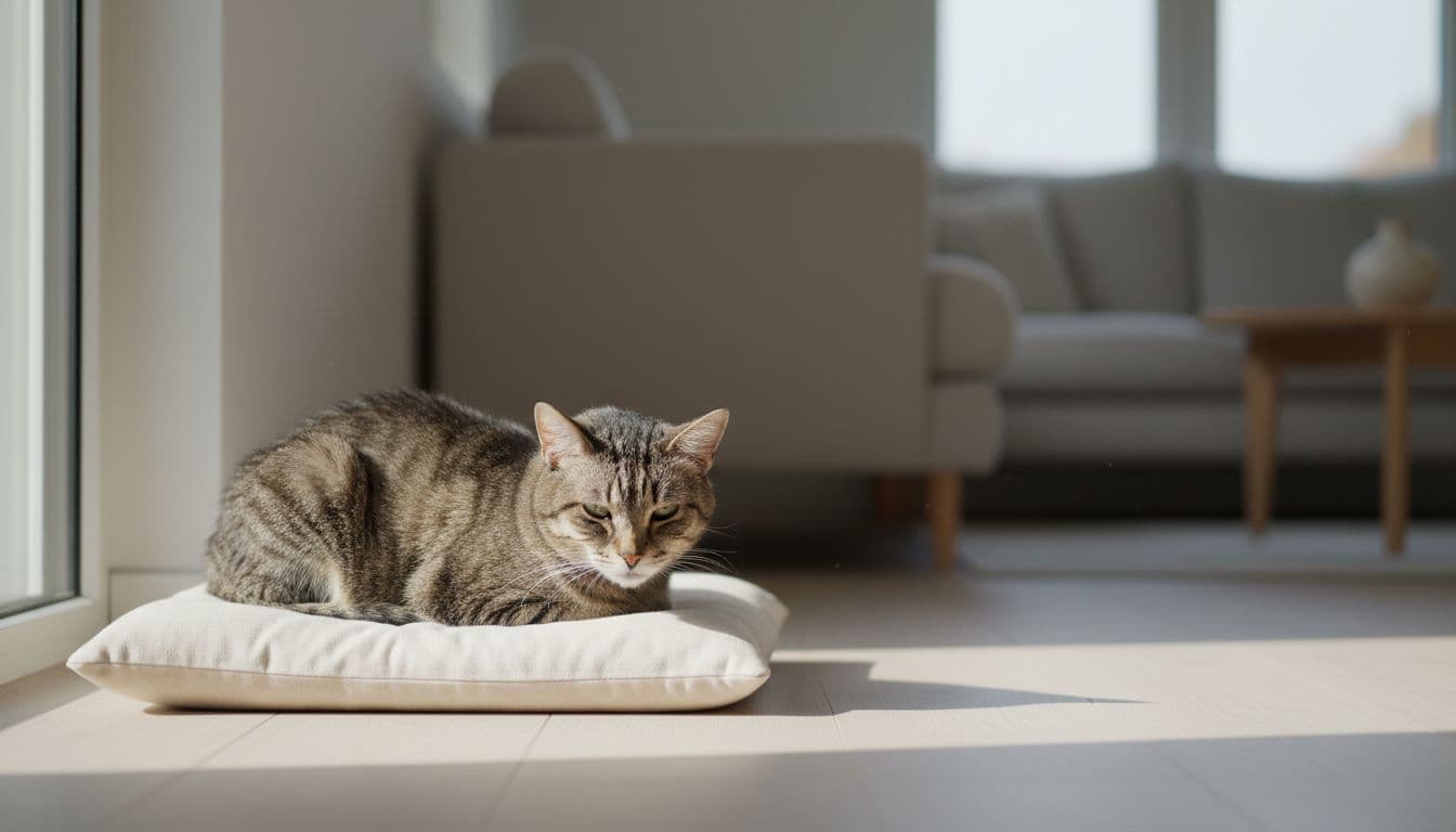 An elderly gray cat, weakened and fatigued, rests isolated in a calm, warm corner of a modern Scandinavian living room with soft morning natural light and minimalist neutral decor.