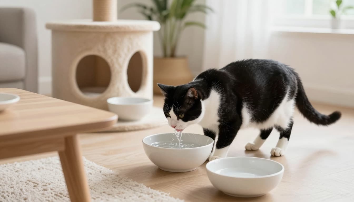 A sleek black and white cat laps water from multiple shallow ceramic bowls on a coffee table, near a cat tree, and on the floor in a modern Scandinavian home with bright natural light and cozy minimalist decor.