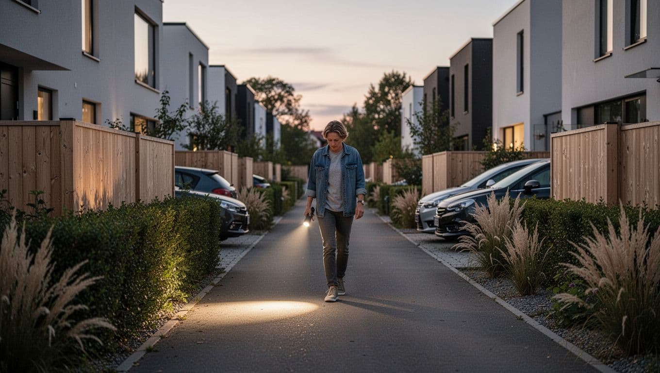 A single person walks slowly along a quiet street in a modern Scandinavian neighborhood at twilight, shining a soft flashlight towards hedges, parked cars, and garden edges near minimalist houses.