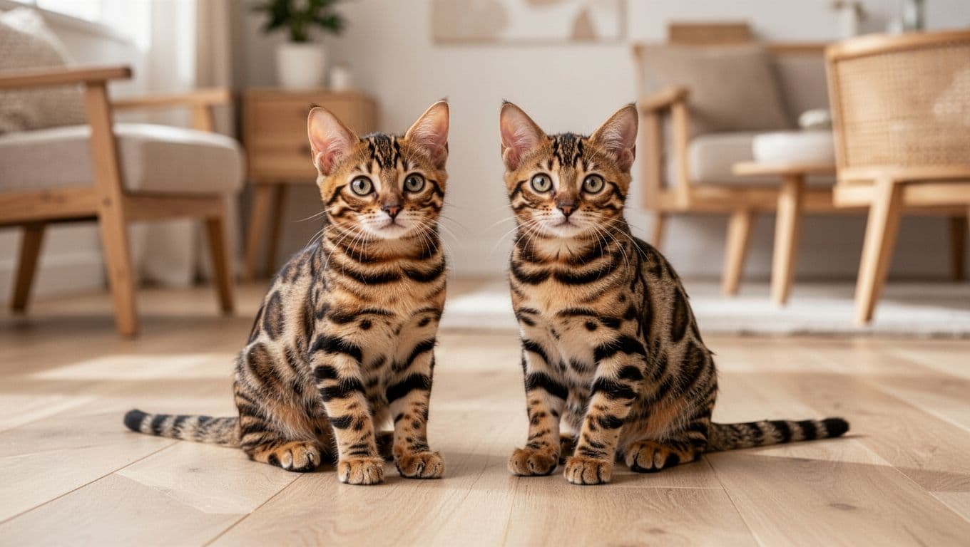 Two similar Bengal kittens, one with premium lineage, positioned side by side on a light parquet floor in a modern cozy Scandinavian interior with soft natural light and sleek light wood furniture.