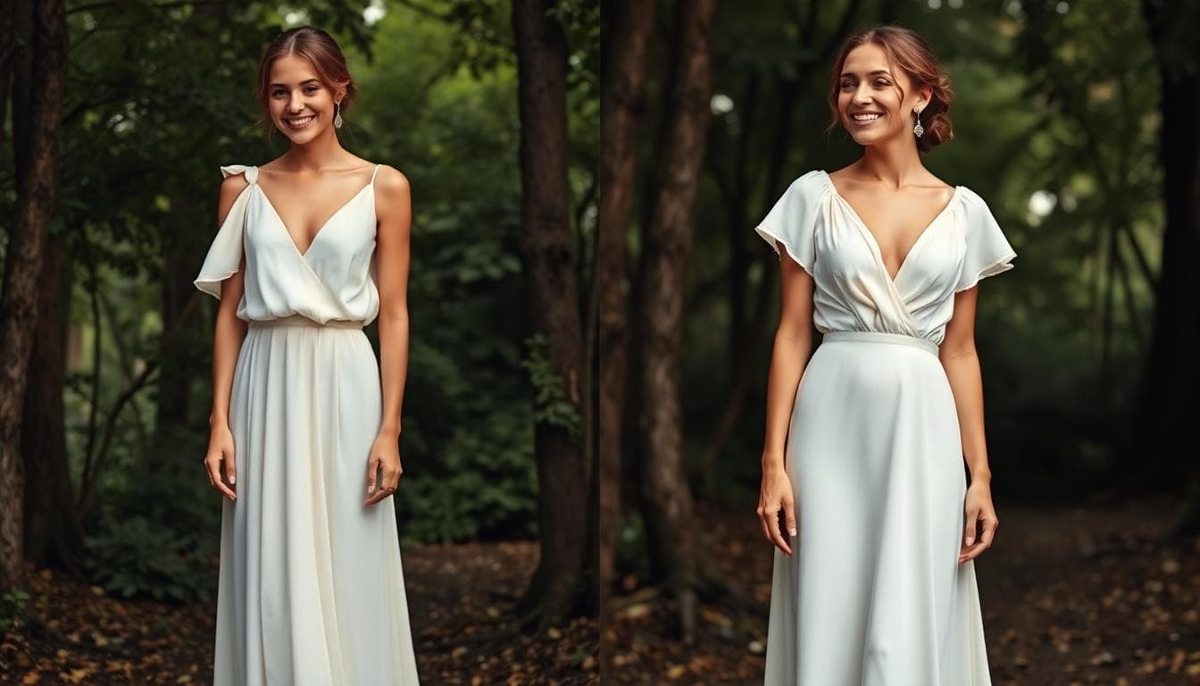 Deux robes bohèmes: trapèze fluide et sirène ajustée, jardin boisé, style pudique et joyeux